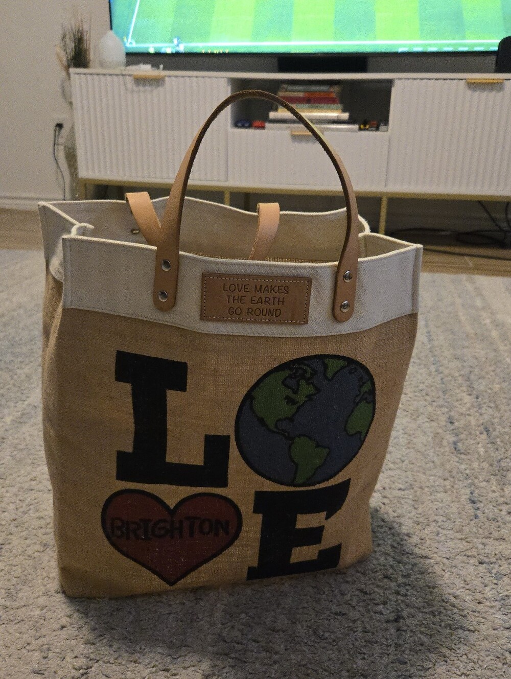 Brighton Burlap Canvas Tote Bag “Love Brighton” Earth Graphic Leather Handles